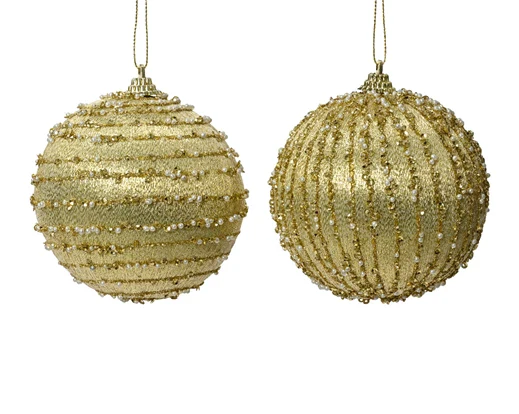 Bauble foam glitter lines w diamonds light gold D.10cm