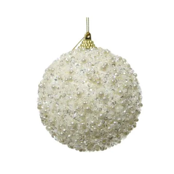 Bauble foam glitter, white dots wool white D.8cm