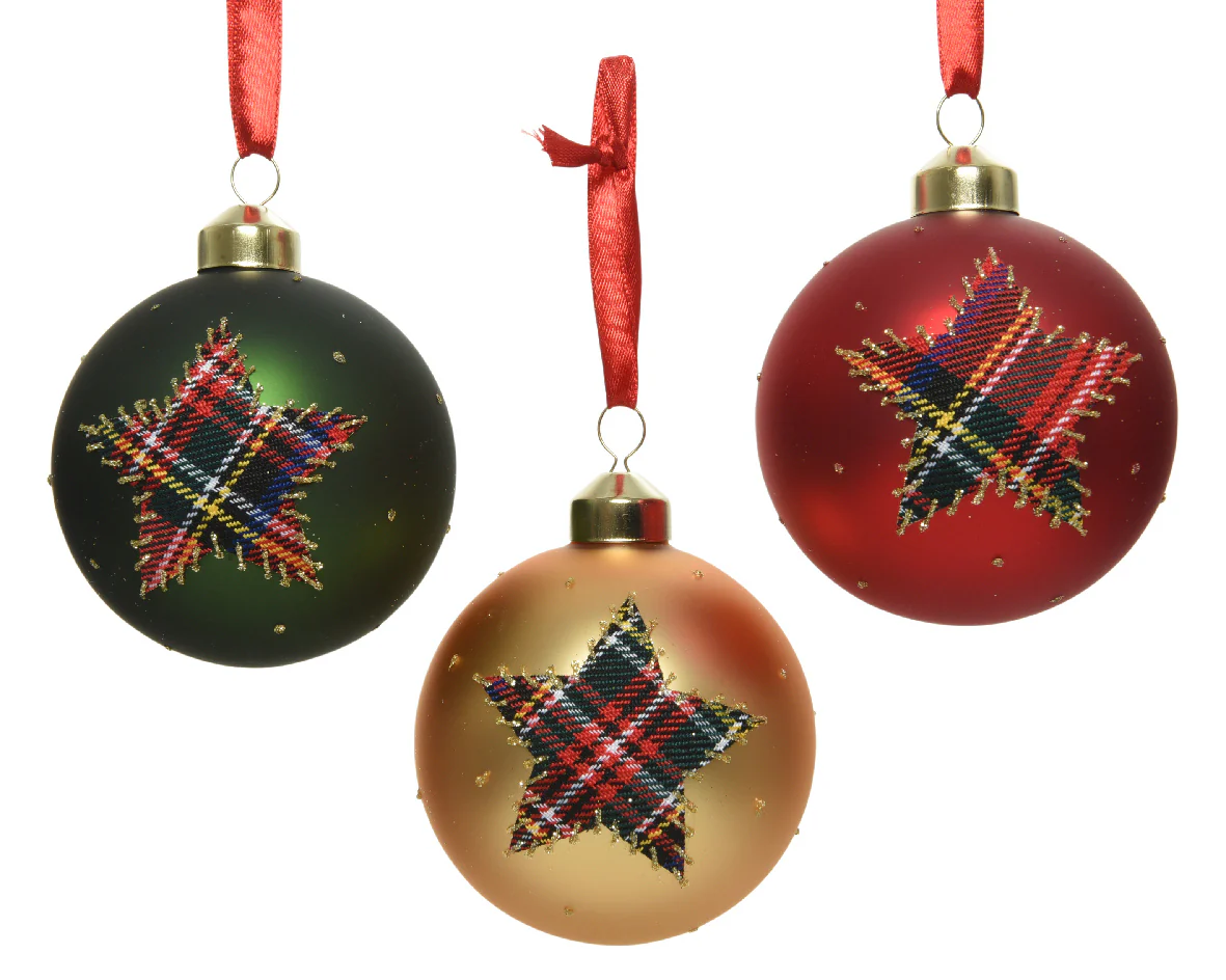 Bauble glass matt checkered star 3col ass dia8.00cm
