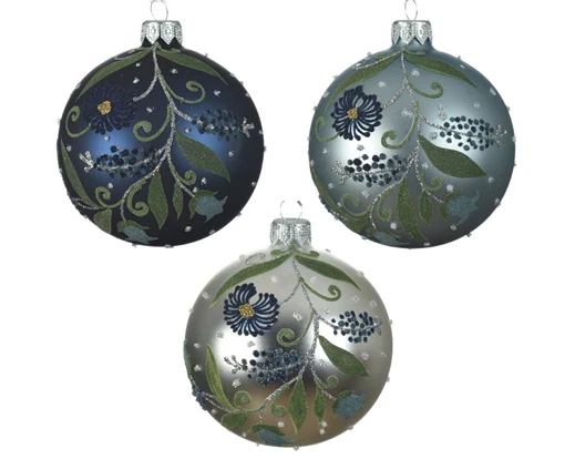 Bauble glass matt colored flower branche 3col ass