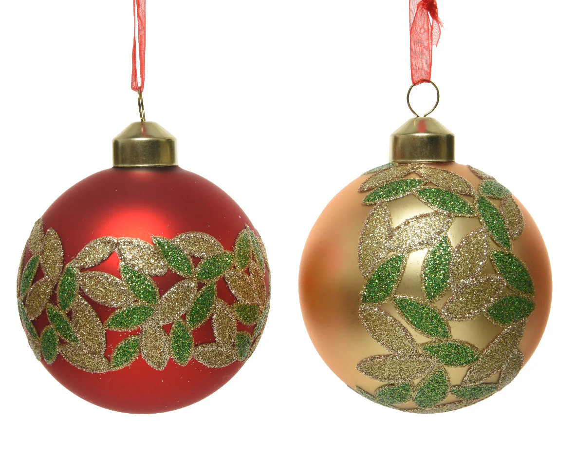 Bauble glass matt glitter leaves 2col ass assorted