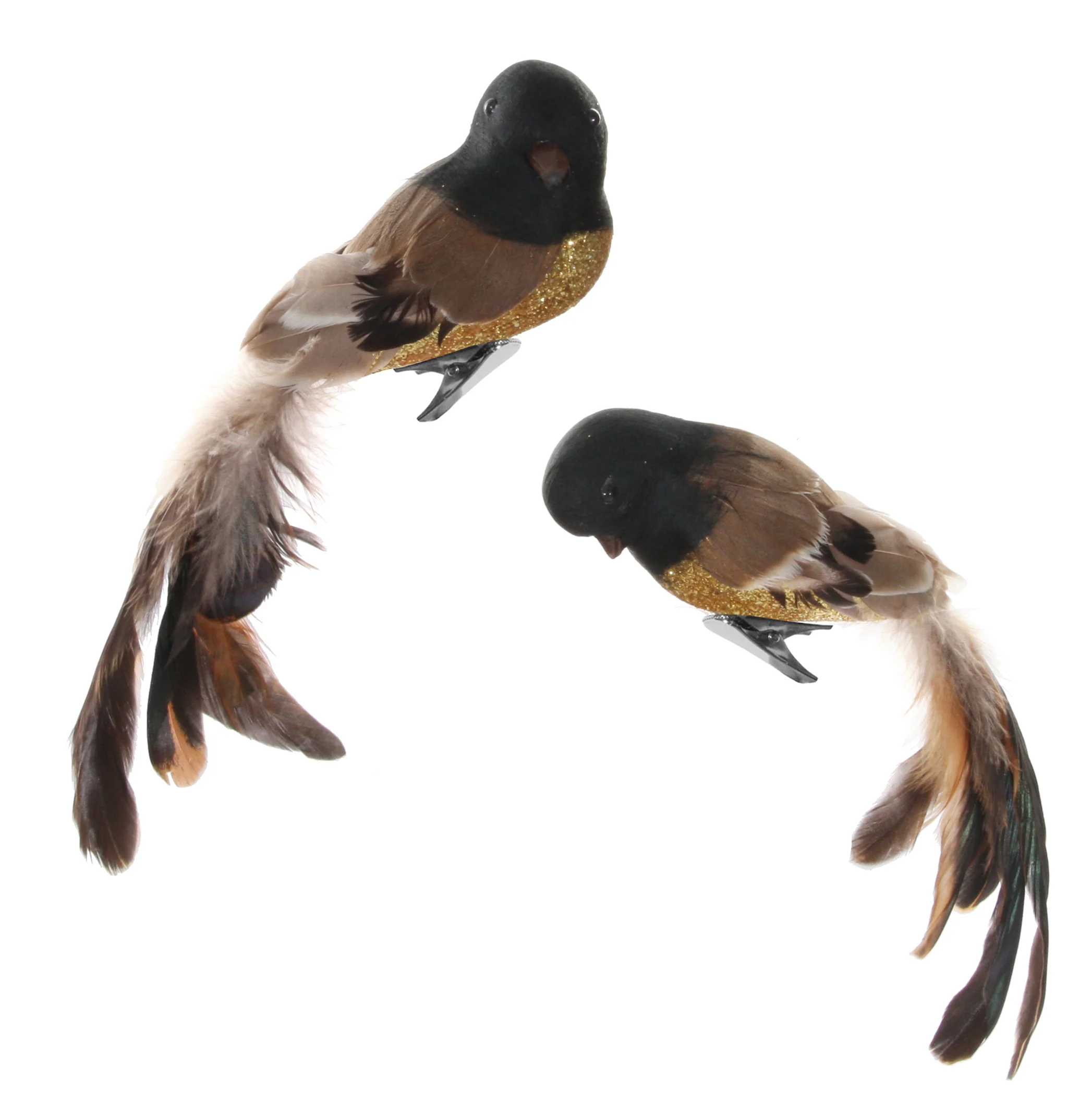 Bird with clip gold glitter brown feather