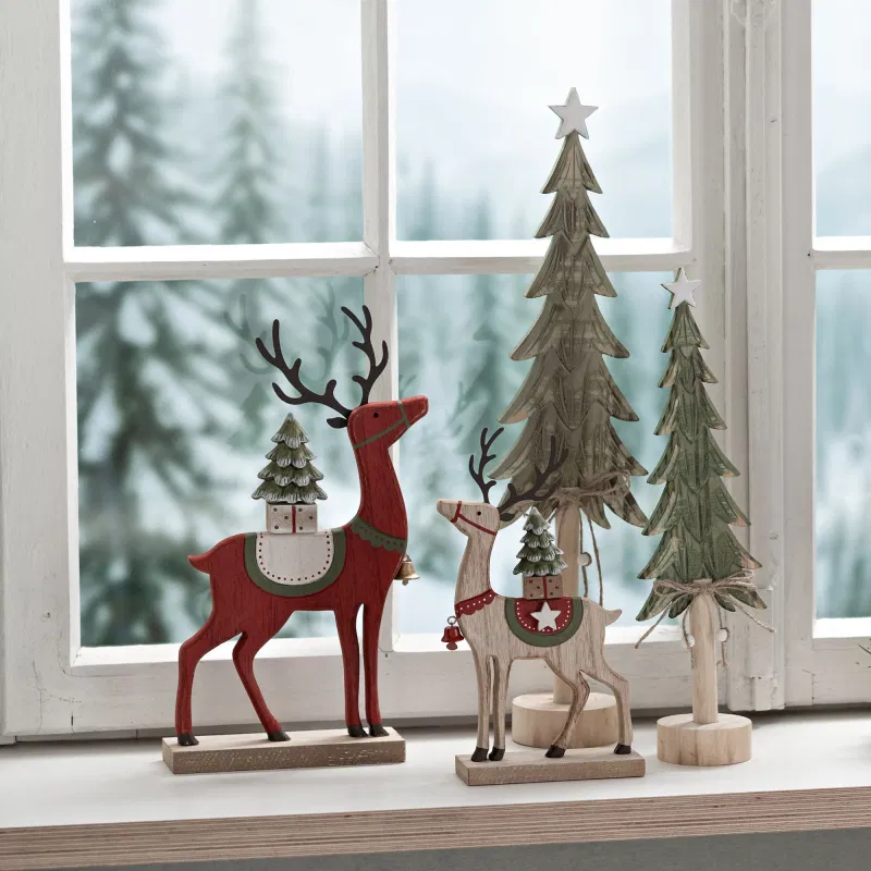 Deer Christmas decor made of wood/metal, red/nature  18x32x5cm