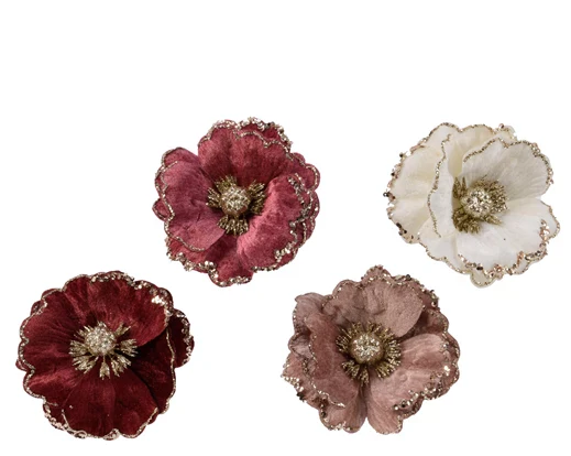 Flower on clip polyester velvet glitters 4col orted H.12cm
D.14cm