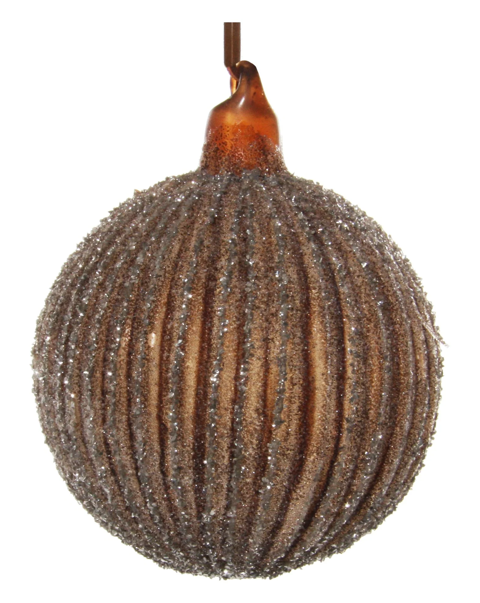 Glass ball lined sugared brown silver glitter 8cm