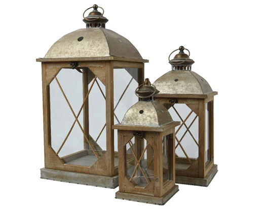 Lantern firwood rectangle antique gold with four side glass, with two side wood crossing L.14cm W.14cm H.32cm
