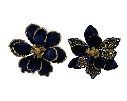 Magnolia on clip polyester velvet Night Blue