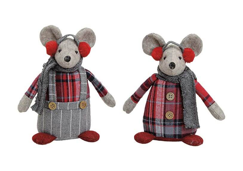 MOUSE RED GREY TEXTILE 2-ASS.1 3X10X20CM