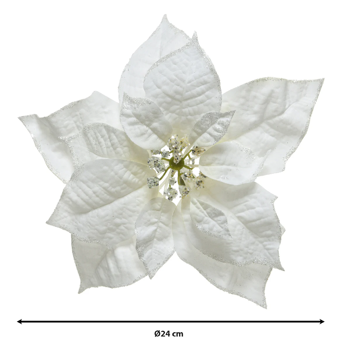 Poinsettia on clip polyester glitter fin on edges white