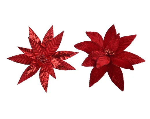 Poinsettia on clip polyester glitter velvet christmas red H.5cm
D.30cm