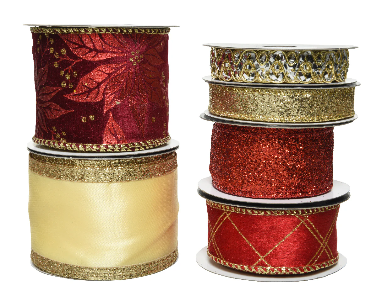 Ribbon polyester rectangular glitter, foil crochet - flower - check 6ass L300.00-W6.30-H0.10cm