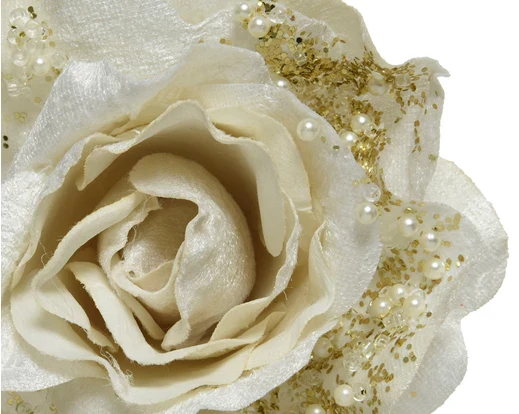 Rose rose on clip polyester pearls, white glitters - Image 2
