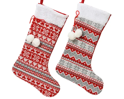Stocking polyester stocking white fur egde with white pompom in knitted fabric red/colour(s) L.16cm x W.40cm x H.2cm