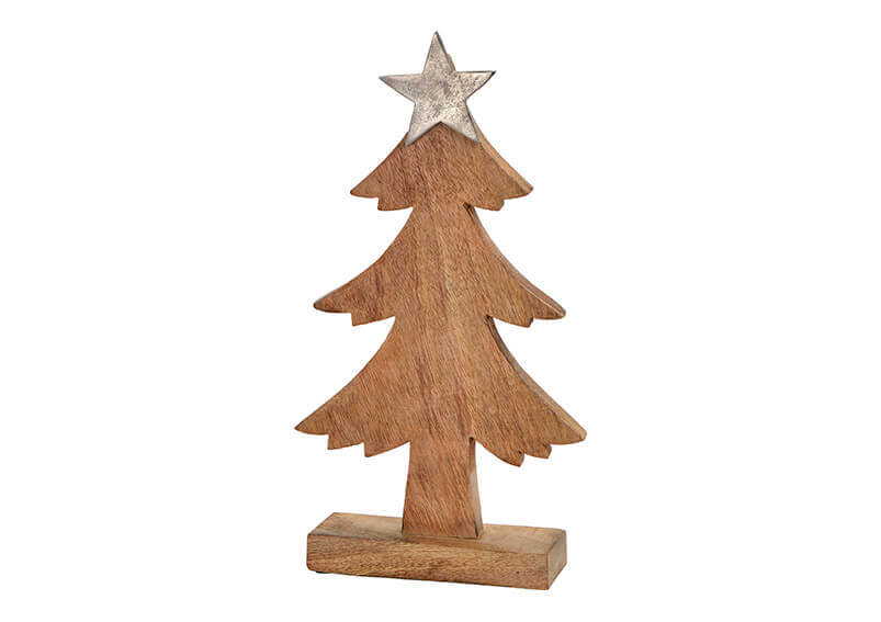 Tree with alu star, mango wood, brown, 21x39x6cm