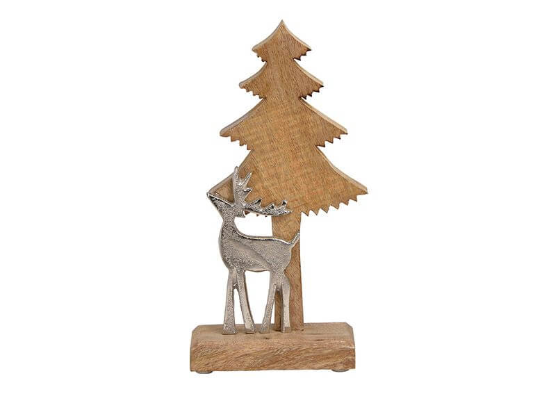 Tree with metal moose decor, mango wood, brown 14x25x6cm