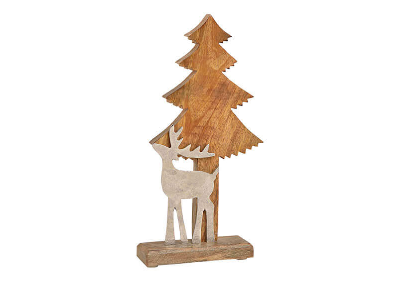 Tree with metal moose decor, mango wood, brown, 19x35x6cm